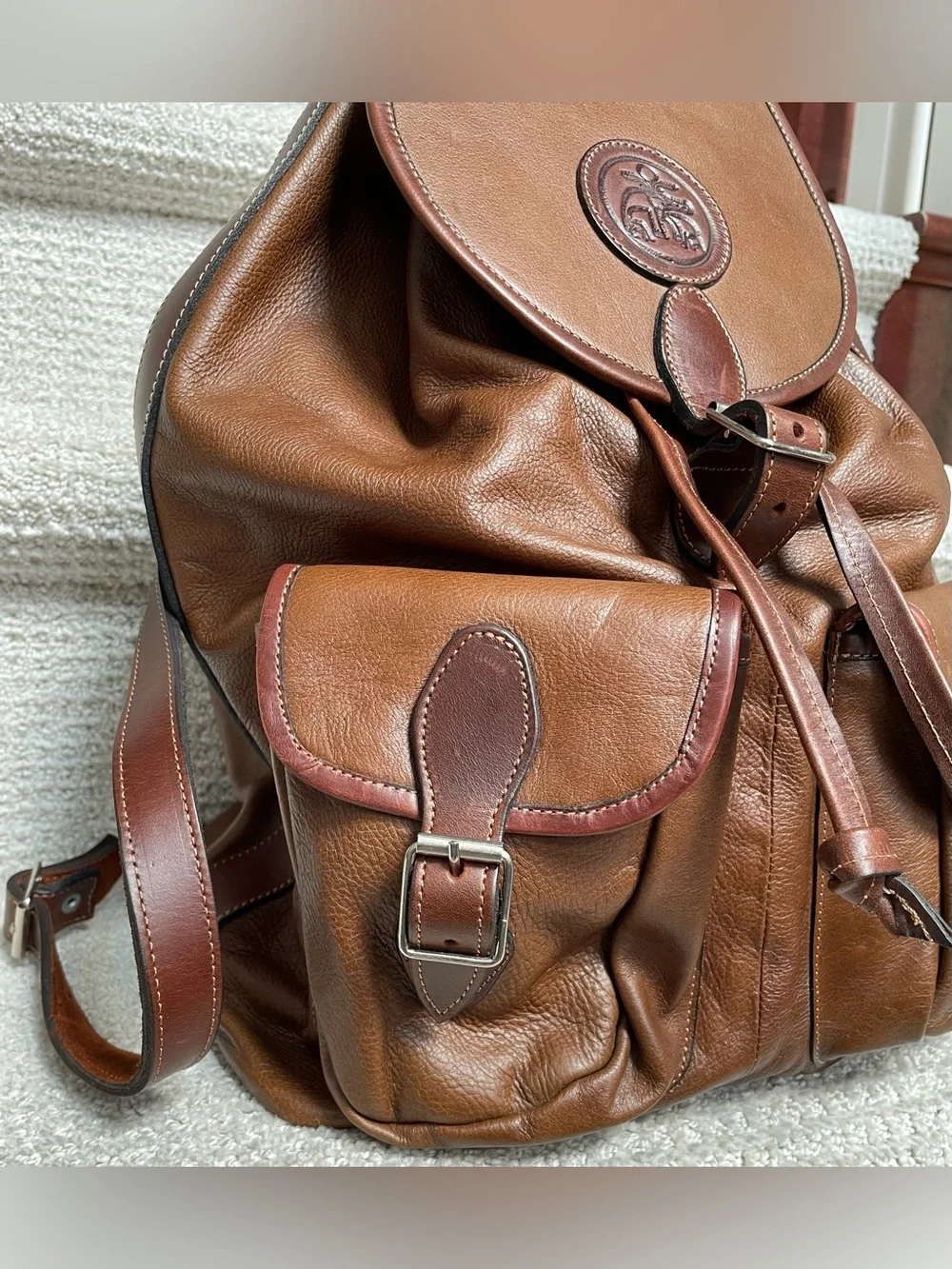 Vintage Artisan Brown Leather Backpack Embossed Crocodile/Alligator Emblem